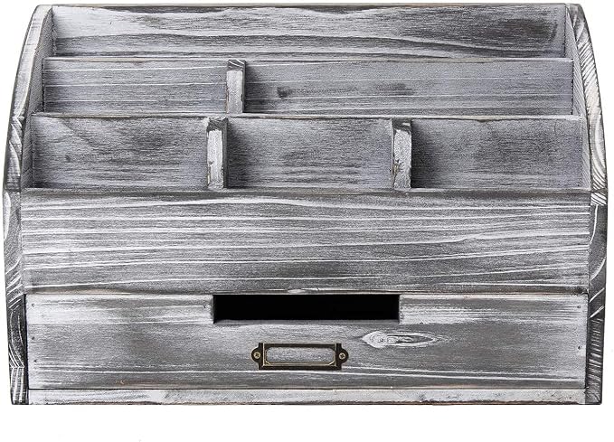 Rustic Wooden Office Desk Organizer 5 Compartment with 2 Drawer &Counter Home Tabletop Desktop Jewelry Mail Rack Storage Box for Pens Notebooks Folders Pencils (Grey white)