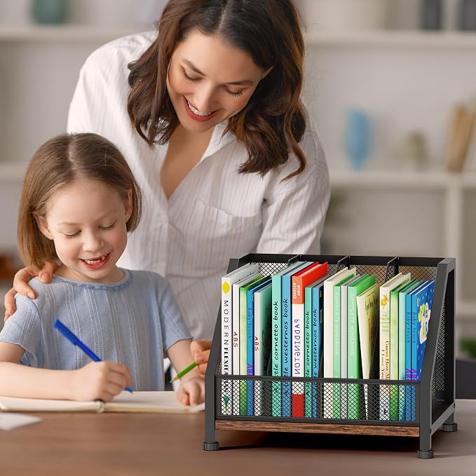 SWTYMIKI Desk Organizer - Paper Organizer, Mesh and Wood Desk Office Organizer, Office Organization and Binder Storage for Workspace, Home, School, Espresso