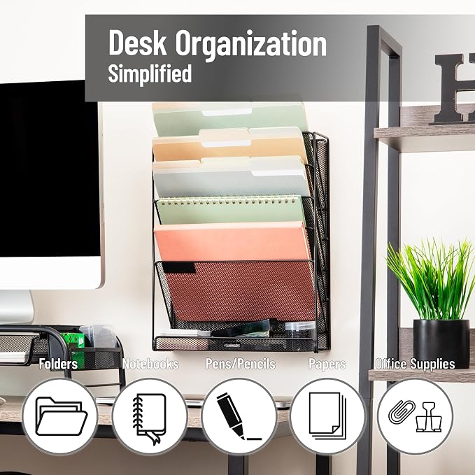 Mind Reader 5-Pocket Vertical File Storage, Desktop Organizer, Wall Mount, Office, Metal Mesh, Black