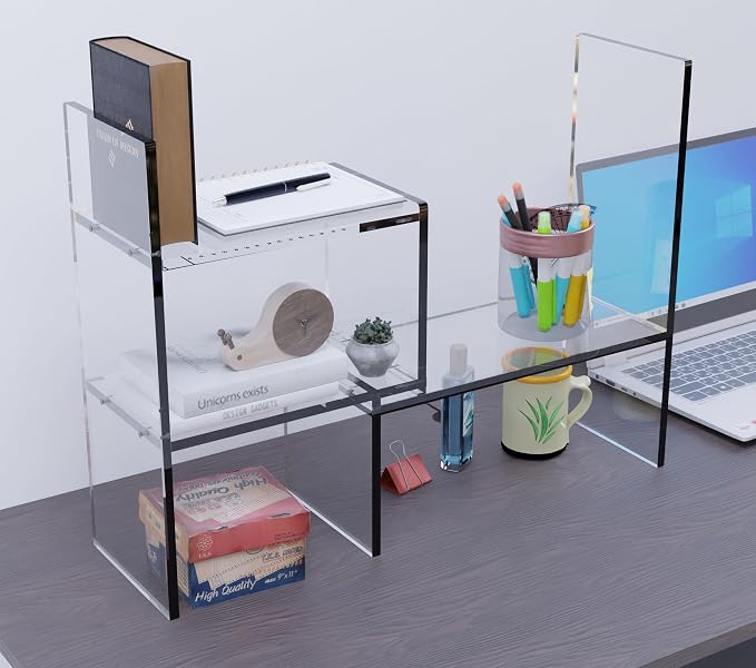 Adjustable Acrylic Desk Shelf for Top of Desk: Clear Desktop Shelf, Premium Desktop Bookshelf Organizer, Office Table Book Shelves
