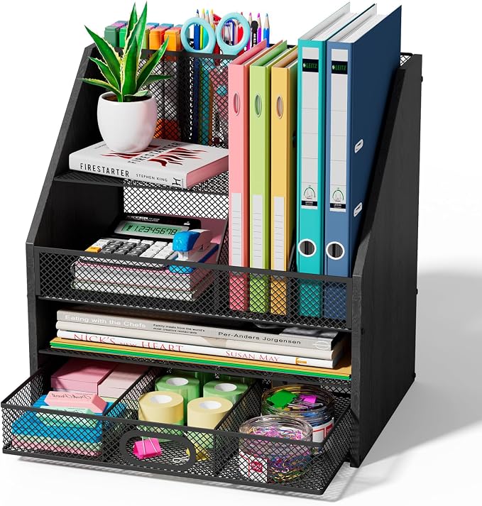 Wooden Desk Organizer - Mesh File Organizer with Drawers and Pen Holder - 4-Tier Vertical Paper Letter Storage Tray, Desktop Organizers and Accessories for Home Office (Black