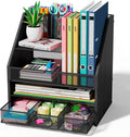 Wooden Desk Organizer - Mesh File Organizer with Drawers and Pen Holder - 4-Tier Vertical Paper Letter Storage Tray, Desktop Organizers and Accessories for Home Office (Black