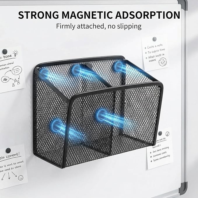 Neudeco Magnetic Locker Organizer, Set of 3, Black | Mesh Pencil Holder & Storage Basket, For Locker, Whiteboard & Refrigerator, Strong Magnet, School Supply Organizer