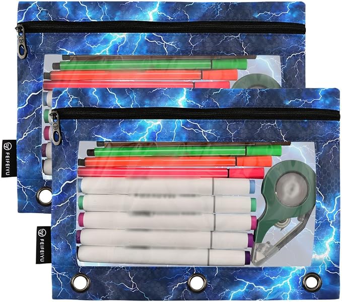 Blue Electric Lightning Pencil Pouch for 3 Ring Binder, 2 Pack Waterproof Pencil Bags Clear Window Pencil Case Zipper School Office Supplies
