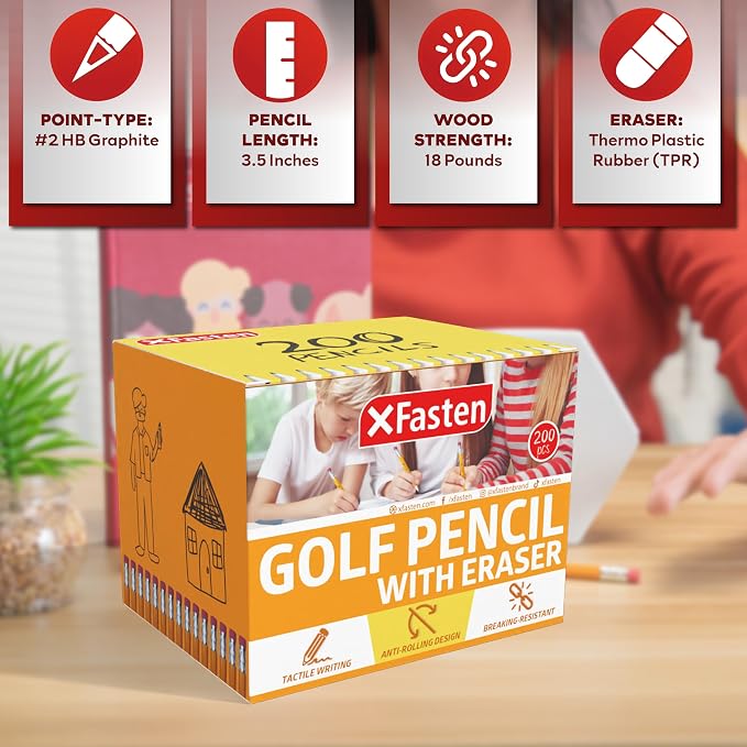 XFasten Golf Pencils with Erasers Bulk, 200-Pack 3.5" #2 HB Pre-Sharpened Easy-to-Grip Half Mini Golf Pencils for Kids, Adults, and School Supplies - Hexagonal, Smooth Writing, and Non-Smudging