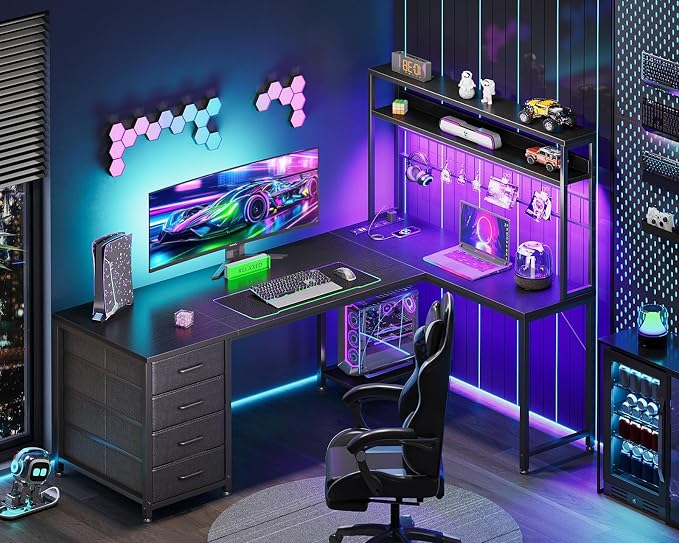 AODK L Shaped Desk Gaming Desk with LED Light & Power Outlet | 59 Inch Black Reversible L Shaped Computer Table with 4 Drawers for Home Office