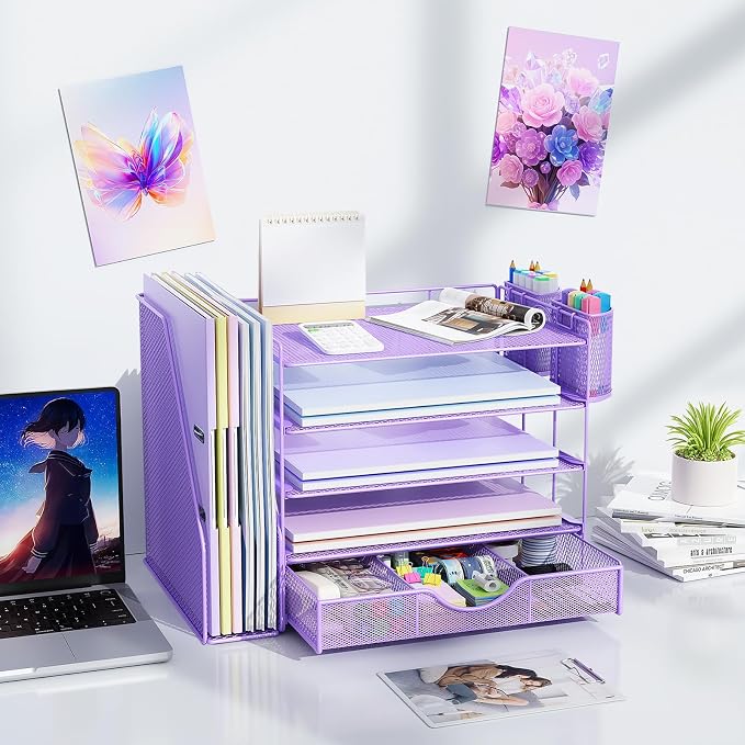 gianotter 5-Tier Desk Organizer with Drawers and File Holders | Letter Trays and Pen Holders - Workspace Accessories for Office Supplies (Light Purple)