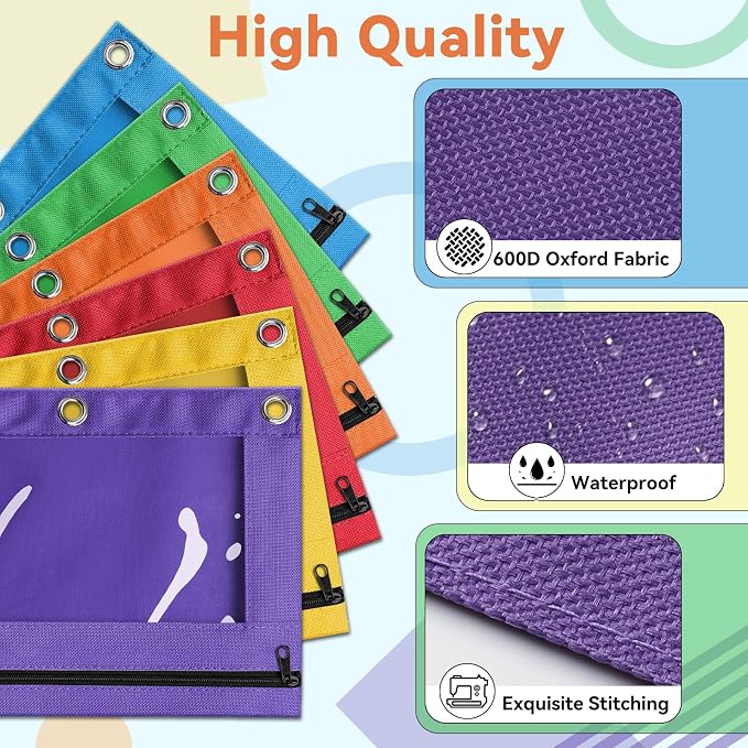 288 Pack Bulk 3-Holes Zipper Pencil Pouches for 3 Ring Binder | Sturdy Cloth Pencil Case, Durable, Clear Window, Office, School and College Supplies