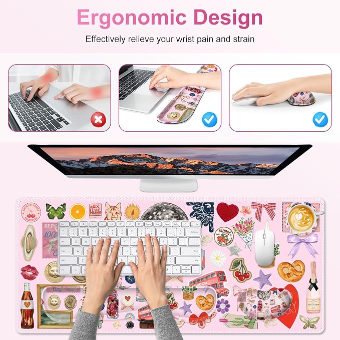 Desk Mat Pad, Gaming Mouse Pad Wrist Support Set, 4 in1 Non-Slip XXL Large Mousepad + Ergonomic Keyboard Wrist Rest+Mouse Wrist Rest+Coaster for Home Office Computer I Pink Colorful Stickers