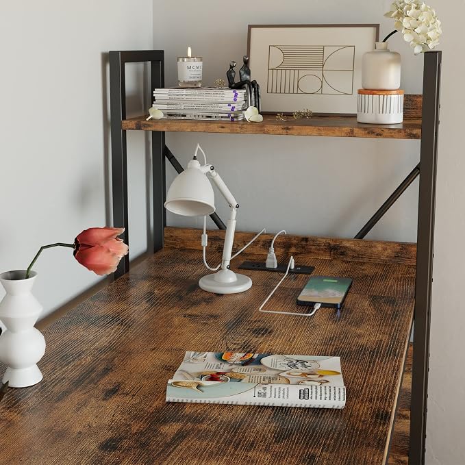 IRONCK Computer Desk 55" with Power Outlet and Storage Shelves,Rustic Brown | Study Writing Table with USB Ports Charging Station, PC Desk Workstation for Home Office