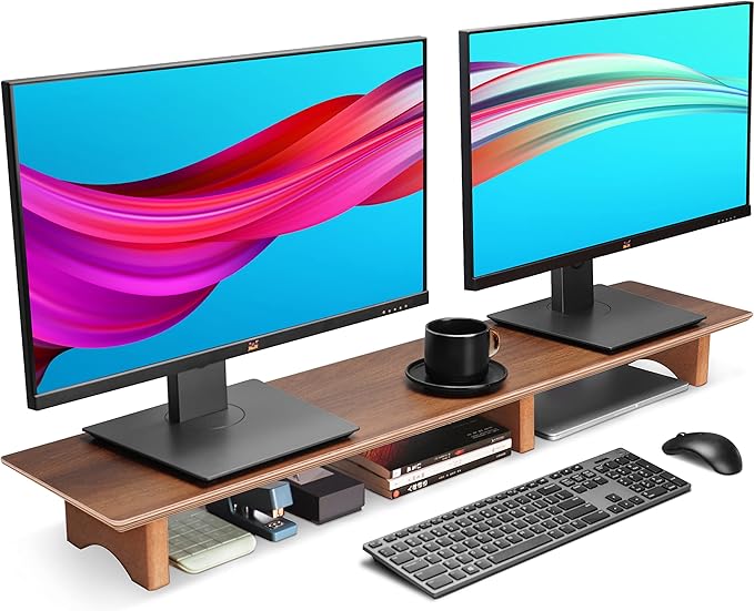Aothia Solid Wood Dual Monitor Stand Riser for Desk, 43 Inch Black Walnut Computer Monitor Riser with Cork Legs, Extra Long Desktop Organizer Shelf for 2 Monitors, Laptop & Printer