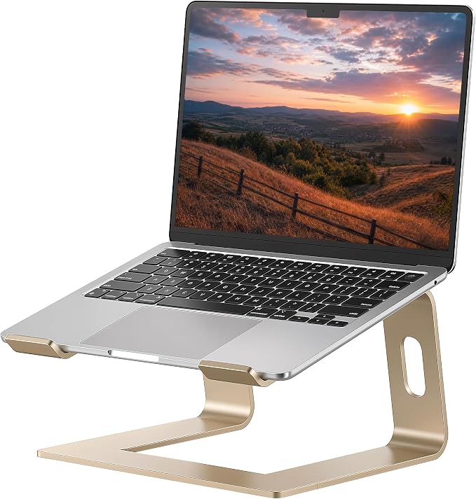 SOUNDANCE Laptop Stand, Aluminum Computer Riser, Ergonomic Laptops Elevator for Desk, Metal Holder Compatible with 10 to 15.6 Inches Notebook Computer, Gold