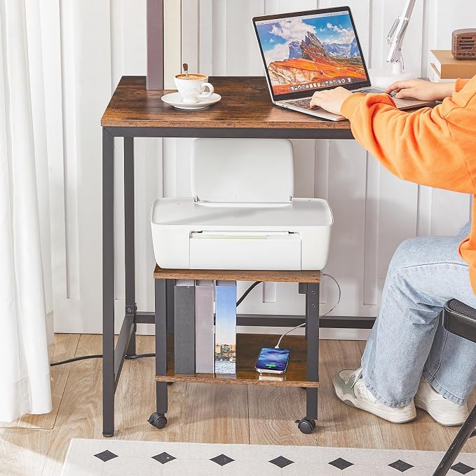 HOOBRO 2-Tier Printer Stand with Charging Station, Under Desk Printer Table, Printer Cart with Storage Shelves, Shelf for Small Spaces, for Home Office, Rustic Brown and Black BF38UPS01