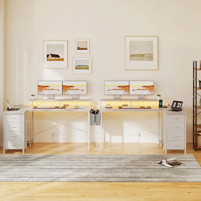VERMESS 63" Reversible L Shaped Gaming Computer Desk, Corner Desk with Power Outlets & Monitor Stand, Writing Study Table with 4 Storage Drawers, Desk with LED Lights, White