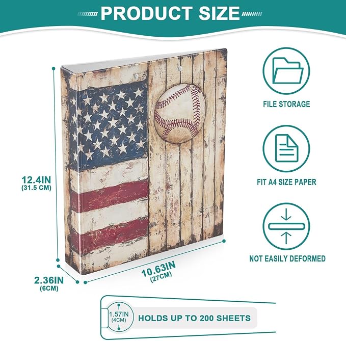 Retro American Flag Baseball Round Ring Binders 1.5 Inch Softball Wooden Background 3 Ring Clipboard Binder for Office School Work Supplies File Folder 200 Sheet Capacity 2 Pieces
