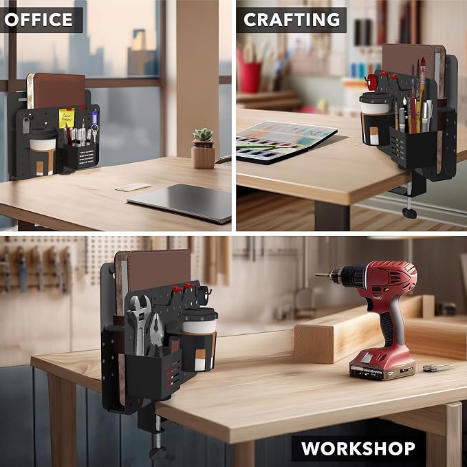 Mount-It! Desk Pegboard Organizer, 360 Rotation, Black | Clamp-on desk storage with cup holder, pen holder, hooks & magnets for home office, workshop & crafting stations.