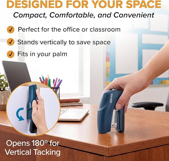Bostitch Heavy Duty Compact Stapler, 40-Sheet Capacity, No-Jam Technology, Flat Clinch Design, Half-Strip Desktop Stapler, Blue