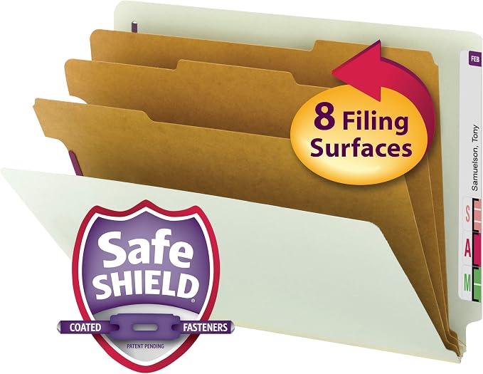 Smead 100% Recycled End Tab Pressboard Classification File Folder with SafeSHIELD Fasteners, 3 Dividers, 3" Expansion, Letter Size, Gray/Green, 10 per Box (26820)