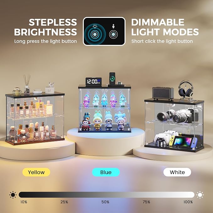 Dystler Glass Display Case with LED Lights, Small 2-Tier for Figures | Lighted Display Cabinet with Motion Sensor, Clear Tempered Glass Door, USB-C Charging Hub for Collectibles, Rocks, Tabletop