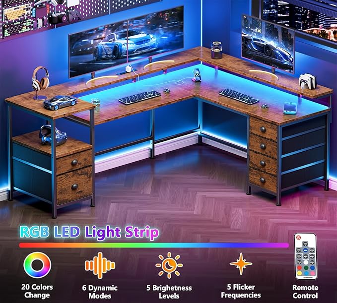 Furologee 66'' L Shaped Computer Desk with 6 Drawers & LED, Rustic Brown | Reversible Large Corner Desk with Printer Storage Shelves,LED Lights,Monitor Stand for Home Office,Working Writing Study