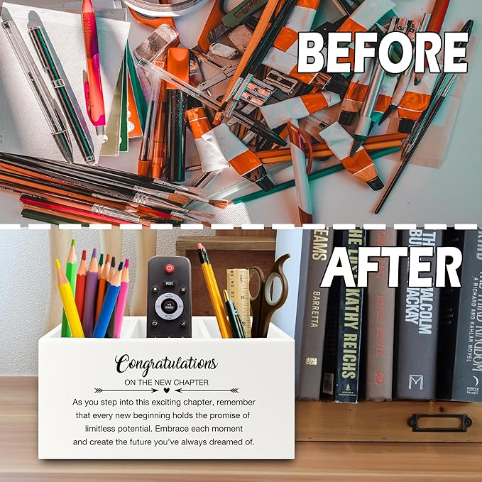 XPH Congratulations Gift Pen Pencil Holder Organizer for Desk, Graduation Gifts, New Job Gifts, Congratulations on the New Chapter Wooden Box Sign for Home Office Desk Tabletop Decorations