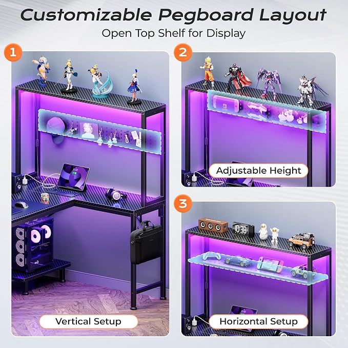 L Shaped Gaming Desk with LED Lights & Power Outlets | Reversible Computer Desk with Storage Shelves & Bag, Large Corner Home Office Desk for Work from Home, Carbon Fiber Black