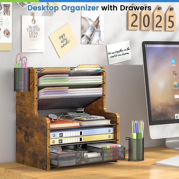 DAOUTIME 6-Tier Mesh Desk Organizer with Drawer, Wooden Office Organizer for Papers, Folders & Office Supplies - Sturdy Desktop File Holder with 2 Pen Holders - Space Saving Home Office Accessories