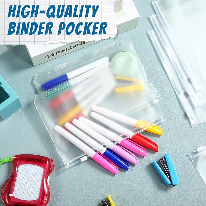 Zonon 30 Pcs A5 6 Rings Tansparent Zipper Binder Pouches Clear Binder Pockets with Zipper Folders Waterproof PVC Loose Leaf Bags Filling Bags for Pen Pencil Notebooks File Document