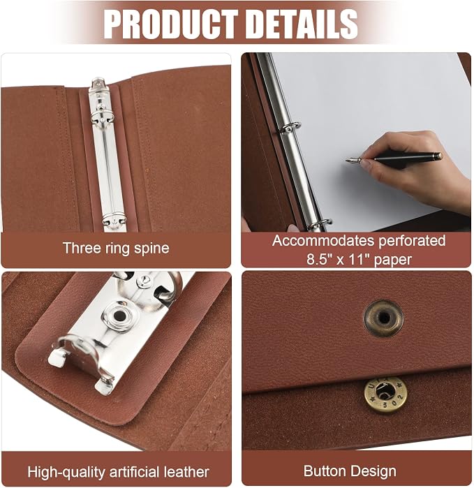 Teling 1 Pcs Leather 3 Ring Binder Holds 8.5 x 11 Inch Paper Binder Organizer Vintage Faux Leather Portfolio Folder Planner for Office Home Document Photo Diary Supplies (Chocolate)