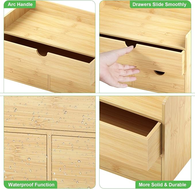 Bamboo Desk Organizer with Drawers, Desktop Storage Box for Office Supplies | 3 Drawers Desktop organizer, No Assembly Required, Natural Wood Wooden Desktop Drawers for Bills, Cosmetics, Seals, Paper