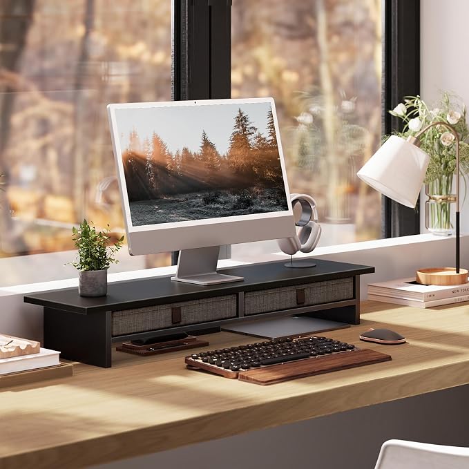 Fenge 35 Inch Monitor Stand with Drawer Storage, Computer Riser for Desk | Wooden Computer Shelf, 2 Tiers, for Dual Monitor/Laptop/PC/TV/Printer up to 55Lbs, Home Office Desk Organizer