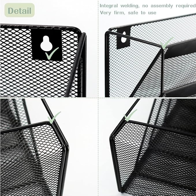 5 Pockets Mesh Wall File Holder Organizer with Bottom Flat Tray, Office Hanging File Folder Magazine Rack, Nametag Label Hooks Set Included, Black
