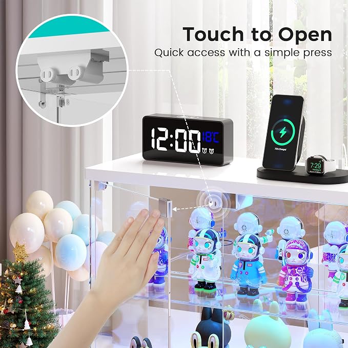 Dystler 2pc Glass Display Case with LED Lights, Small 2-Tier for Figures | Lighted Display Cabinet with Motion Sensor, Clear Tempered Glass Door, USB-C Charging Hub for Collectibles, Rocks, Tabletop