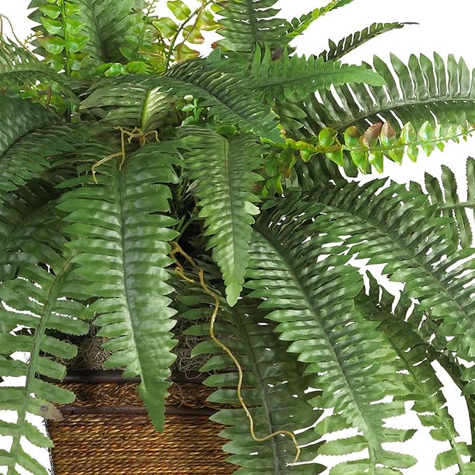 Nearly Natural 23 in Artificial Boston Fern with Wicker Basket | Lush Green Leaves with Twigs, Decorative Wood Wicker Basket, Ideal for Home or Office Decor