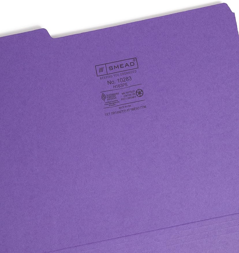 Smead Interior File Folder, 1/3-Cut Tab, Letter Size, Purple, 100 per Box, Expandable File Folders for Filing Cabinet