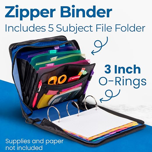 Case-it School Zipper Binder | 3" O-Rings | 600-Sheet | D-146 Desert Night | Mighty Zip Tab, 5-Subject Expanding File Folder, Multiple Pockets, Storage Organizer, Shoulder Strap, Office