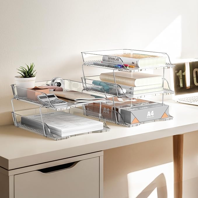 Simple Houseware 3-Tier Stackable Paper Tray for Desk Organizer, Clear | Desktop File Holder for A4/Letter Size Documents, File Sorter, Paper Holder, Office File & Accessories Storage