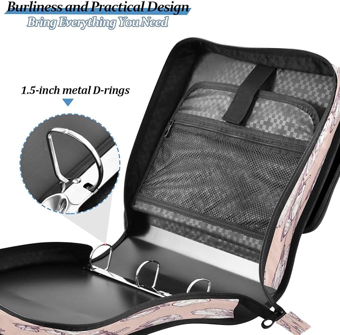 3 Ring Zipper Binder Cherry Blossoms Binder Organizer Portfolio with File and Shoulder Strap & Handle Large Capacity File Folder