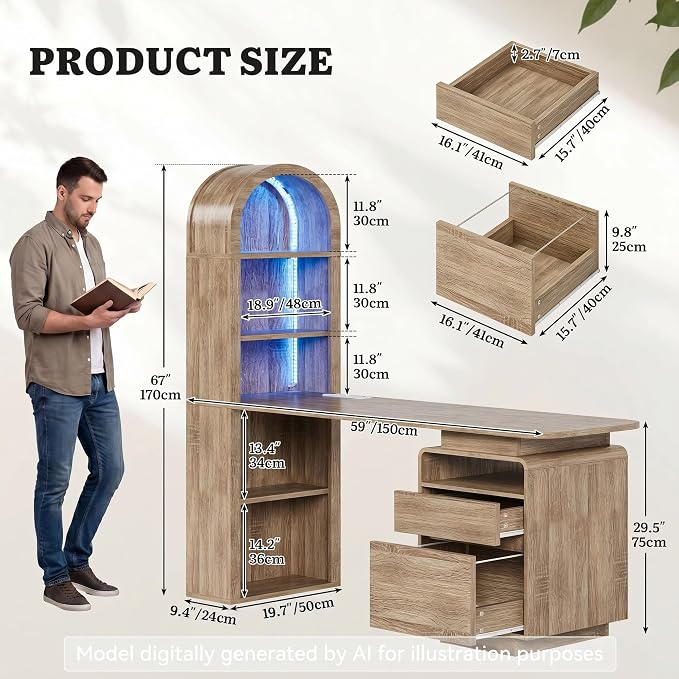 YITAHOME 59" Computer Desk, Oak | LED Lights & Power Outlets, Bookshelf, File Drawer & Storage Shelves, USB Ports