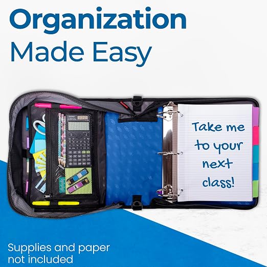 Case-it School Zipper Binder | 4" D-Rings | 800-Sheet | D-186 Midnight Blue | King Sized Zip Tab, 5-Subject Expanding File Folder, Multiple Pockets, Storage Organizer, Shoulder Strap, Office