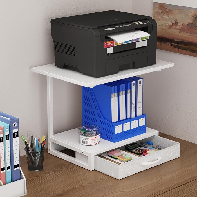 YAOHUOO 2-Tier Desktop Printer Stand with Fabric Drawer,19.6"x14.9" White | Printer Table with Storage Shelf,Desk Organizer for Home Office,Fit Printer,Fax Machine,Scanner,Space Saving for Two Monitors