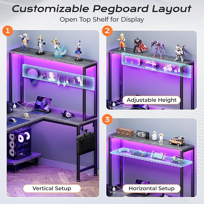 L Shaped Gaming Desk with LED Lights & Power Outlets | Reversible Computer Desk with Storage Shelves & Bag, Large Corner Home Office Desk with Pegboard for Work from Home, Grey