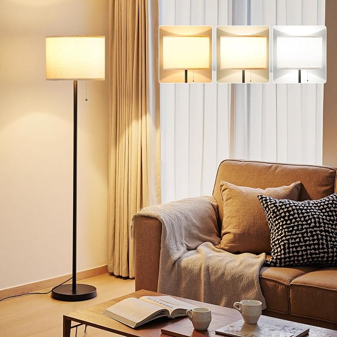 Modern Standing Floor Lamp for Living Room & Bedroom with 3 Color Temperatures Bulb & Pull Chain Switch, 60" Tall with Beige Shade & Black Pole