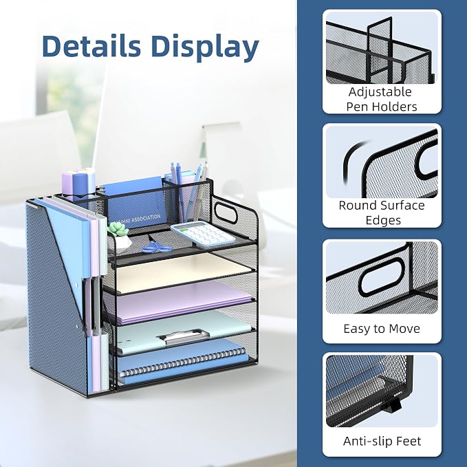 4-Tier Desk Organizer with Paper Trays, Pen and Magazine Holders, Black | Paper Organizer for Desk with 4 Paper Trays, Pen Holder, Magazine Holder and Carrying Handles for Files and Office Supplies