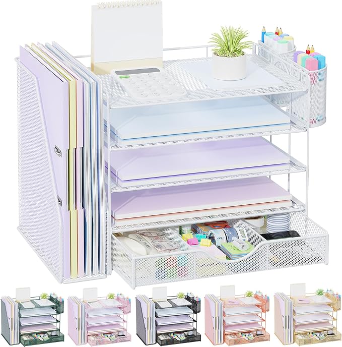 gianotter 5-Tier Desk Organizer with Drawers and File Holders | Letter Trays and Pen Holders - Workspace Accessories for Office Supplies (White)
