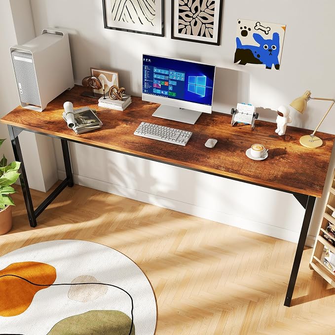 DUMOS 63 Inch Small Computer Desk, Gaming Desks for Home Office Bedroom | Modern Study Writing Work Table, Craft PC Desk Simple Workstation with Reinforcement Structure, Modern Rustic Brown