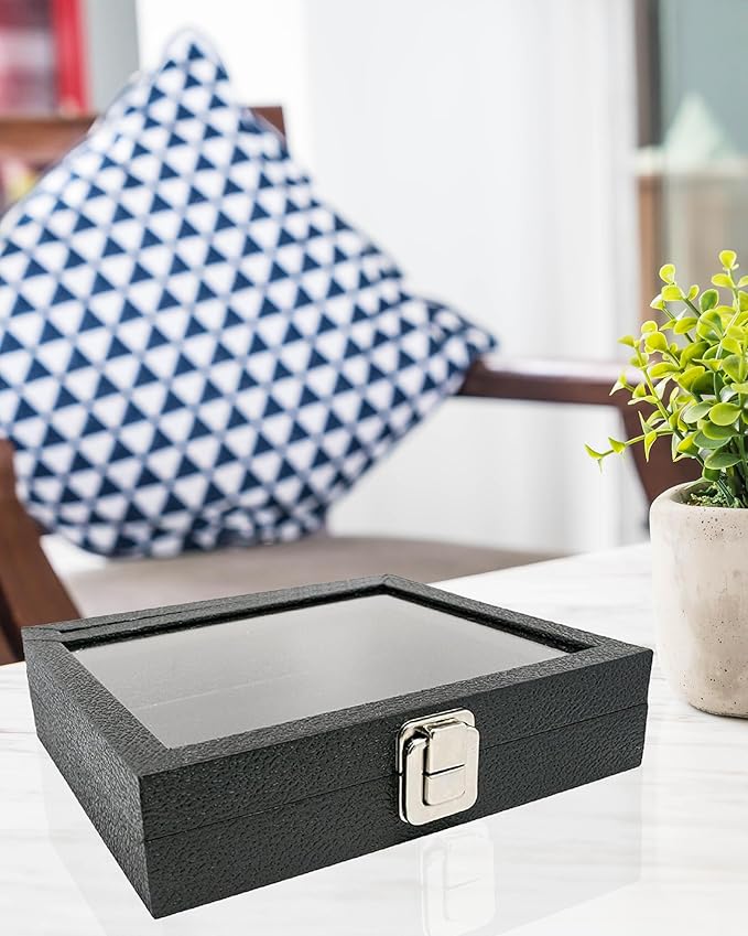 Novel Box Jewelry Organizer Box Black Leatherette 8.25x7.25x2 Half Size Glass Jewelry Box with Lid with Metal Clasp - Gem Display Case - Jewelry Display Case for Necklaces Bracelets Rings Accessories