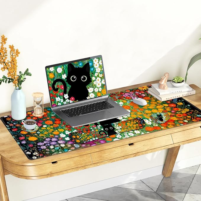 Large Gaming Mouse Pad Set, 4 in1 Ergonomics Keyboard Desk Mat w/Memory Foam Wrist Rest, Computer Extended Game Mousepad, Non-Slip Desk Matt Easy Typing Pain Relief I Multicolored Flower Cat
