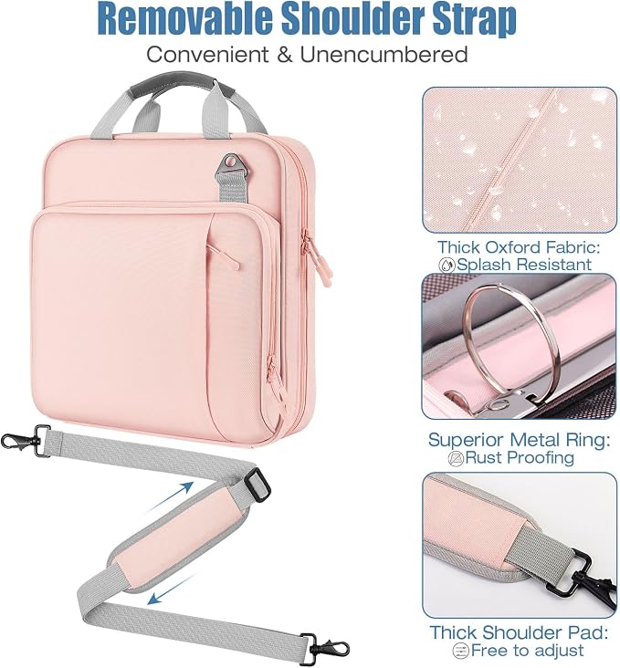 MoKo Zipper Binder, 2 Inch 3 O Ring, 5 Tab File Folders, 500 Sheets, Pink | Water-repellent 900D Oxford with five file pockets, two mesh pockets, a handle and padded shoulder strap.