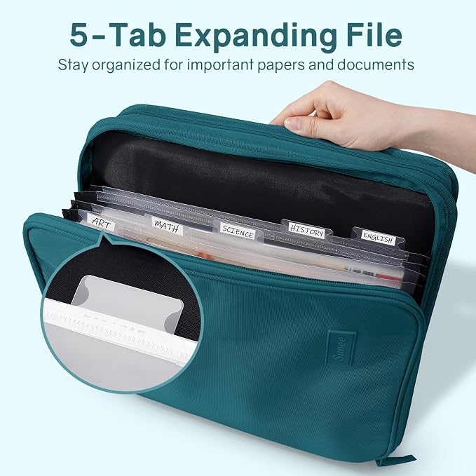 SUNEE Zippered Binder Bag with Handle, 2-Inch 3-Ring O-Ring, 500-Sheet Capacity, Includes Zip Pocket, 5-Tab Expanding File Folder, Multi-Pocket Organizer Binder for Middle School, Dark Teal-Green